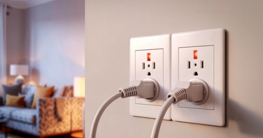 Two electrical outlets with plugs and illuminated indicator lights